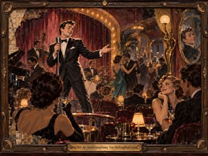 A charismatic tuxedoed crooner performs in an elegant mid-century nightclub, surrounded by dancers, musicians, velvet seating, cocktails, and attentive guests. Warm amber lamps and golden reflections contrast with deep burgundy curtains and dark formalwear. Painterly textures, vintage glamour, polished brass, and a richly ornamented musical frame create a lively, romantic atmosphere.