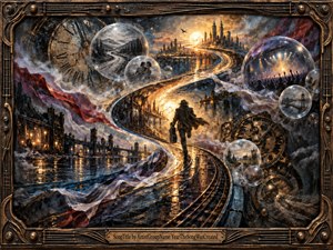 A lone traveler walks along glowing, rain-slicked tracks that curve through a dreamlike industrial city, surrounded by floating memory bubbles, giant clockwork gears, bridges, and distant concert lights. Warm gold contrasts with deep blue and crimson, while dramatic illumination, textured brushwork, and an ornate metallic frame evoke movement, memory, and restless time.