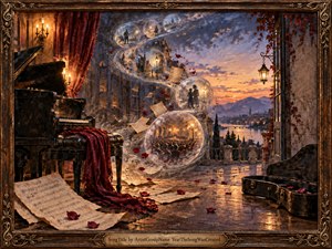 A grand piano anchors a twilight terrace where drifting sheet music and glowing memory bubbles follow a graceful S-curve toward a distant lakeside city. Warm amber lamplight contrasts with blue-violet skies, crimson fabric, and scattered rose petals. Painterly textures, ornate architecture, and reflective stone create a wistful, cinematic atmosphere.