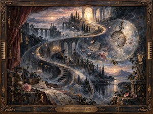 A dreamlike, painterly landscape unfolds along a luminous S-curve, linking ruined arches, stairways, a grand piano, drifting sheet music, roses, an hourglass, and a suspended clock. Cool blue-gray shadows contrast with warm gold light, creating a reflective, timeless mood framed by ornate dark wood and bronze musical details.
