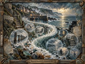 A weathered coastal village overlooks a restless sea at twilight, where curling surf forms a graceful S-shaped path through translucent memory bubbles. Muted blues, sea green, bronze, and warm amber light create a reflective, nostalgic mood. Textured mixed-media details, shells, nets, worn wood, cliffs, and distant boats deepen the handcrafted atmosphere.