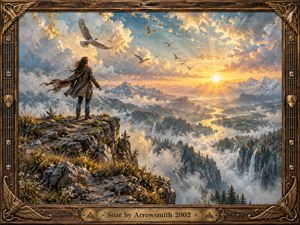 A lone figure stands on a rugged mountain ledge above a vast mist-filled valley, facing a radiant golden sunrise. Soaring birds echo the scenes sense of freedom and possibility. Warm amber light breaks through dramatic blue-gray clouds, illuminating distant peaks, waterfalls, forests, and rivers within a richly textured, painterly composition.