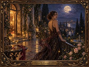 A mysterious woman in a dark, shimmering gown stands on a moonlit villa terrace overlooking a glowing lakeside town. Warm amber doorway light contrasts with cool blue-violet night, illuminating roses, wet stone, lanterns, and drifting fabric. Rich oil-paint textures, ornate bronze framing, and delicate golden details create a romantic, enchanted atmosphere.