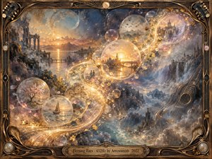 A luminous fantasy landscape unfolds within an ornate bronze-and-wood frame, where glowing bubbles carry fleeting memories through a sweeping S-curve of golden light. Sunset ruins, misty mountains, waterfalls, blossoms, and distant cities emerge from blue-violet haze. Warm amber highlights, translucent textures, musical motifs, and intricate handcrafted details create a nostalgic, dreamlike atmosphere.