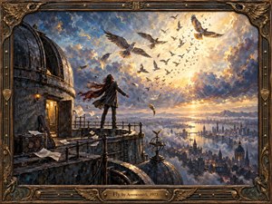 A windswept figure stands atop a weathered observatory overlooking a misty city, facing a radiant sky filled with ascending birds. Golden sunlight breaks through blue-gray clouds, illuminating scattered papers and bronze architecture. The richly textured oil-painting style, ornate musical frame, and sweeping depth evoke freedom, longing, transformation, and release.