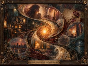 A nostalgic mixed-media dreamscape winds through a luminous S-curve of memories, linking a womans silhouette, reel-to-reel recorder, vintage microphone, city lights, intimate interiors, flowers, and moonlit water. Warm amber, burgundy, and teal tones glow through textured wax, paint, and paper, framed by dark carved wood and aged brass.