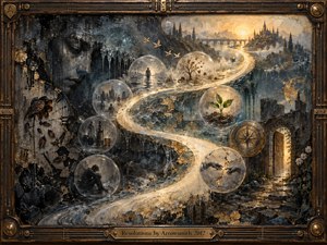 A luminous S-curving path winds through a dark, dreamlike landscape of memories, ruins, and renewal, framed in ornate bronze and wood. Glass-like bubbles hold symbolic scenes, from isolation to growth, beneath moody blue-gray shadows and warm golden light. The mixed-media style feels richly textured, melancholic, reflective, and quietly hopeful.