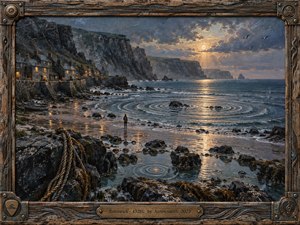 A solitary figure stands on a moonlit rocky shore beside a quiet cliffside village, facing concentric ripples spreading across the sea. Cool slate blues and sea greens meet warm amber reflections beneath dramatic clouds. Rendered like textured oil and encaustic on wood, the scene feels contemplative, resonant, ancient, and gently transcendent.