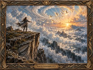 A lone figure stands on a rugged cliff above a vast cloud-filled mountain valley, arms open toward a radiant sunrise and rising birds. Warm gold light contrasts with cool blue-gray clouds and dark rock. Rich oil-like textures, sweeping atmosphere, and an ornate bronze-and-wood frame create an uplifting, epic sense of freedom and ascent.