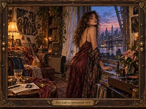 An alluring woman in a flowing burgundy dress stands at a loft window overlooking a glowing twilight skyline, surrounded by guitars, records, candlelight, and richly patterned fabrics. Warm amber lamplight meets cool violet dusk, creating a romantic, nostalgic mood in this cinematic, painterly scene framed with ornate rock-inspired craftsmanship.