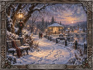 A warmly lit winter village glows beneath a lavender-blue twilight sky, with a snow-covered path leading toward a festive gazebo beside an icy river. Two bundled figures walk together through amber lamplight, surrounded by frosted trees, distant rooftops, and sparkling crystals. Rich painterly textures and an ornate carved frame create nostalgic elegance.