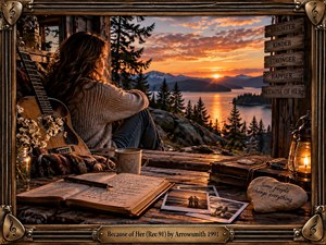 A contemplative woman sits beside an acoustic guitar on a rustic lakeside porch, watching a golden sunset over distant mountains. Warm amber light, weathered wood, handwritten pages, photographs, lantern glow, and sentimental keepsakes create a nostalgic, intimate mood. The richly detailed cinematic composition is enclosed by an ornate guitar-inspired metal frame.