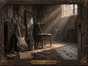 A worn electric guitar and empty wooden chair rest in an abandoned rehearsal room, surrounded by peeling walls, scattered papers, and fading musical traces. Warm sunlight streams through a high window, illuminating drifting dust in muted browns and gray-blues. Ornate aged wood and bronze framing deepen the nostalgic, handcrafted, cinematic mood.