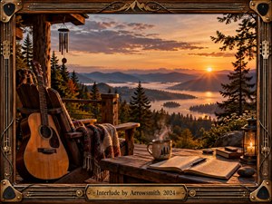 A warm sunset bathes a rustic mountain cabin terrace overlooking a misty lake and layered forested peaks. An acoustic guitar rests beside a blanket-draped chair, while a steaming mug, open journal, lantern, and books suggest quiet reflection. Rich amber light, natural wood textures, and handcrafted framing create a nostalgic, contemplative atmosphere.