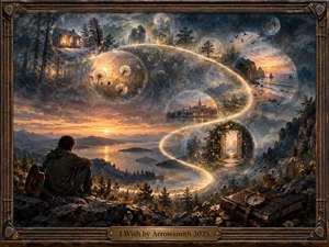 A solitary guitarist overlooks a glowing mountain lake at sunset as a luminous S-curve winds through floating memory bubbles of cabins, forests, coastlines, cities, and intimate moments. Warm gold and cool blue tones create a wistful, hopeful mood. Painterly textures, drifting light, a compass, journals, and a crafted frame enrich the dreamlike scene.