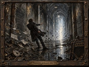 A lone figure braces against an unseen force in a ruined industrial hall, reaching toward a cold luminous doorway. Flying papers, debris, broken compass parts, and tangled wires heighten the tension. Iron grays, rusted browns, and pale blue light create a bleak, cinematic oil-painted atmosphere within an aged mechanical frame.