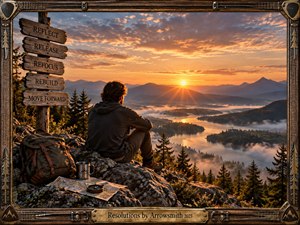 A solitary traveler sits on a rocky mountain overlook at sunrise, gazing across misty lakes, forested islands, and distant peaks. Warm amber light floods the scene, contrasting with cool shadowed valleys. A weathered signpost, backpack, map, compass, and metal cup suggest reflection, renewal, and purposeful forward movement.