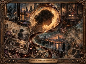 A luminous woman in profile anchors a rain-soaked memoryscape of city lights, studio equipment, photographs, flowers, and unraveling cassette tape. A sweeping S-curve guides the eye through sepia, teal, charcoal, and amber tones. Soft cinematic glow, layered scratches, waxy textures, and an ornate bronze frame create a nostalgic, handcrafted atmosphere of longing and remembrance.