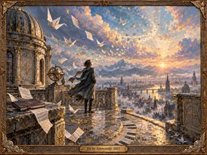 A solitary figure stands on a high observatory terrace at dawn as origami birds and drifting music sheets spiral into a luminous sky. Golden sunlight breaks across misty spires, bridges, and distant mountains. Rich oil-and-gouache textures, weathered stone, brass details, and an ornate frame create a reflective, hopeful atmosphere.