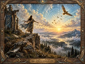 A solitary figure stands on a weathered cliff at sunrise, arms open toward a luminous valley and soaring birds. Golden light breaks through blue and ivory clouds, illuminating mist, distant mountains, and winding water. Painterly encaustic textures, feathers, celestial resonance patterns, and an ornate carved frame create an uplifting, handcrafted atmosphere.