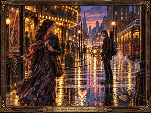 A woman and man exchange a charged glance across a rain-slicked city street, surrounded by glowing theater lights, vintage cars, and a passing streetcar. Warm amber reflections contrast with deep blue twilight, creating romantic tension. Rich painterly textures, flowing fabric, ornate framing, and a luminous heart reflection suggest sudden, unforgettable attraction.