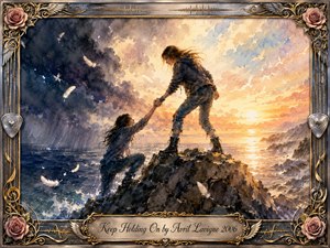A dramatic watercolor scene shows one young woman pulling another onto a storm-lashed rocky shore as dawn breaks over the sea. Deep blues and violets shift into glowing gold and peach, symbolizing hope and endurance. Drifting feathers, distant birds, crashing waves, and an ornate musical frame enhance the uplifting, emotional atmosphere.