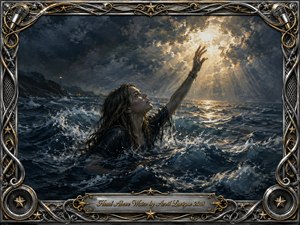 A drenched woman struggles through a storm-darkened ocean, reaching toward a radiant break in the clouds. Deep blues, charcoal shadows, foaming waves, and warm golden light create a mood of desperation turning toward hope. Expressive painterly textures heighten the drama, framed by ornate chrome, gold, musical details, stars, and speakers.