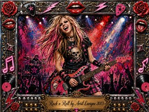 A fierce punk-rock guitarist commands a crowded concert stage, grinning beneath sweeping blonde and pink hair as vivid red, magenta, blue, and black brushstrokes explode behind her. Dramatic spotlights, raised hands, vinyl records, roses, chrome details, guitar strings, and neon accents create a rebellious, energetic mixed-media atmosphere framed by ornate rock memorabilia.