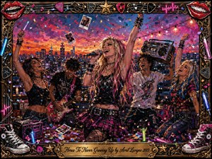 A carefree rooftop party erupts above a glowing city skyline as a punk-styled singer raises her arm, surrounded by laughing friends, guitars, a boombox, confetti, and Polaroids. Vivid pink, orange, blue, and gold acrylic textures create energetic sunset lighting, framed by ornate rock-themed details, sneakers, lips, stars, and metallic ornament.