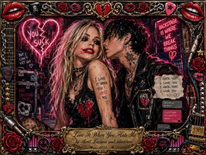 A neon-soaked pop-punk couple leans together in a tense, seductive backstage scene, surrounded by broken hearts, graffiti, roses, guitar hardware, and glowing signs. Crimson, hot pink, black, chrome, and gold dominate the palette, while dramatic stage lighting and textured acrylic brushwork create a rebellious, chaotic romance within an ornate music-themed frame.