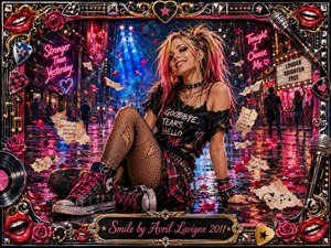 A rebellious young woman smiles confidently in a rain-slicked neon city, surrounded by scattered roses, sheet music, and glowing signs. Saturated pink, blue, red, and gold lighting creates an energetic punk-rock mood. Painterly textures blend realism with expressive color, framed by chrome, guitars, microphones, records, bright lips, and ornate gold details.
