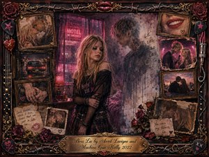 A wounded punk-rock woman stands in a neon-lit motel room beside the ghostly memory of a fading lover, surrounded by framed romantic snapshots, wilted roses, handwritten notes, and rain-streaked windows. Deep reds, pinks, black, and gold glow through painterly oil, acrylic, and watercolor textures, creating a bittersweet atmosphere of love, betrayal, and fading memories.
