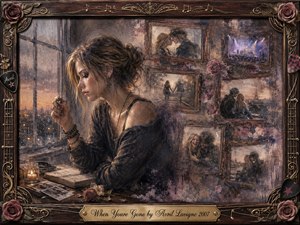 A solitary woman sits beside a rain-streaked window, surrounded by fading framed memories of love, laughter, and distant concerts. Muted rose, charcoal, bronze, and sepia tones deepen the wistful mood, while candlelight adds warmth. Layered oil, acrylic, and watercolor textures blend nostalgia with loneliness inside an ornate rosewood musical frame.