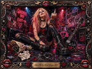 A defiant punk-rock woman commands a chaotic concert stage, surrounded by guitars, drums, roses, torn notes, and glowing graffiti. Deep reds, blacks, and metallic golds dominate beneath dramatic spotlights. Rich acrylic-like textures, expressive brushwork, and a lavish music-themed frame create an energetic, rebellious, unapologetically fierce atmosphere.