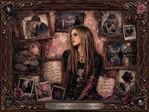 A wistful young woman sits amid faded framed memories of romance, lonely city nights, scattered letters, roses, and Polaroids. Dusky pinks, smoky grays, black, cream, and warm brown create a bittersweet mood. Painterly oil, acrylic, and watercolor textures blend beneath soft dramatic lighting, enclosed by an ornate music-themed rosewood frame.