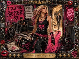 A confident punk-styled young woman strides through a gritty rehearsal room, leaving a distracted boyfriend behind and moving toward a warmly lit doorway. Hot pink, black, chrome, and gold dominate the energetic acrylic-and-marker artwork. Guitars, drums, graffiti, neon signs, and an ornate music-themed frame amplify the rebellious, liberated mood.