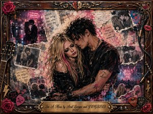 A tender punk-rock couple embraces at the center of a distressed romantic collage filled with faded photographs, handwritten notes, roses, neon memories, and torn textures. Moody black, crimson, pink, and gold tones glow beneath dramatic nightlife lighting, while an ornate rosewood-and-metal frame, guitar details, cables, and engraved title plate complete the nostalgic composition.