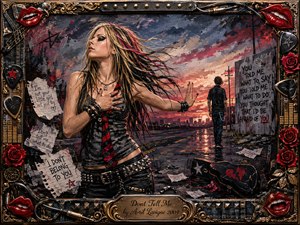 A defiant young woman stands against a stormy sunset road, one hand over her heart and the other raised in refusal as a distant figure walks away. Rich reds, charcoal blacks, gold, and dusky blues heighten the rebellious mood. Textured acrylic brushwork, scattered notes, roses, studs, cables, and musical details complete the dramatic composition.