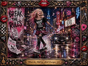 A rebellious blonde skateboarder races through a rain-slicked neon city street, laughing beneath glowing signs and graffiti proclaiming carefree defiance. Hot pink, black, electric blue, chrome, and gold dominate the energetic acrylic-paint style. Confetti, speeding motion, punk fashion, reflective pavement, and an ornate music-themed frame amplify the playful, fearless mood.