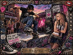 A rebellious skateboarder launches across a graffiti-covered urban plaza while a punk-styled girl watches beside a glowing concert venue. Hot pink, black, denim blue, chrome, and gold create energetic contrast under sunset and stage lighting. The acrylic-inspired artwork blends comic grit, youthful defiance, music imagery, and an ornate rock-themed frame.