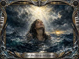 A storm-tossed woman rises from dark ocean waves beneath a radiant break in thunderclouds, her face lifted toward saving light. Deep blues, charcoal grays, silver, and gold create a dramatic, hopeful mood. Rich painterly textures heighten the turbulence, while an ornate musical frame and engraved title plate complete the composition.
