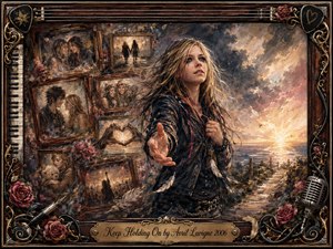 A windswept young woman reaches forward against a dramatic coastal sunrise, surrounded by fading framed memories of friendship, love, and resilience. Warm gold, rose, and amber light breaks through cool stormy grays and blues. Painterly textures, drifting feathers, roses, musical details, and an ornate vintage frame create a nostalgic, hopeful atmosphere.