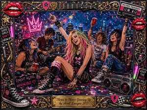 A vibrant pop-punk rooftop party erupts beneath a glowing city skyline, with laughing friends, guitars, red cups, confetti, and rebellious neon signs surrounding a carefree central figure. Saturated pinks, blues, reds, and golds shimmer through energetic painterly textures, while an ornate music-themed frame and engraved title plate complete the nostalgic, youthful celebration.