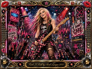 A fearless blonde rocker commands a neon-lit stage, grinning as she plays a pink-and-black electric guitar before a cheering crowd. Hot pink, red, chrome, black, and gold explode through graffiti, confetti, spotlights, amplifiers, and drums. Energetic mixed-media painting and marker textures create a rebellious, joyful pop-punk atmosphere.