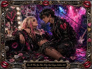 A provocative punk-rock couple confronts each other backstage amid guitars, microphones, speakers, graffiti, and scattered picks. Electric pink, crimson, violet, and blue stage lights create a charged, rebellious mood. Thick expressive paint textures, glossy black clothing, chains, broken-heart motifs, red lips, and ornate chrome-gold framing intensify the seductive tension.