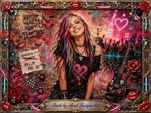 A smiling pop-punk woman stands amid a vibrant graffiti-covered concert scene, surrounded by red lips, roses, guitar picks, neon hearts, and a decorated electric guitar. Saturated pinks, reds, turquoise, black, and gold glow under warm stage lighting, while mixed-media textures and an ornate jeweled frame create playful, rebellious energy.