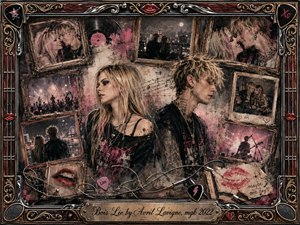 A turbulent pop-punk romance unfolds in a nostalgic collage, with Avril Lavigne and mgk standing back-to-back amid faded photographs of affection, concerts, and late-night memories. Muted pinks, charcoal blacks, and warm sepia tones glow beneath moody lighting, framed by ornate rosewood, chrome, gold filigree, tangled guitar cables, picks, and vivid red lips.