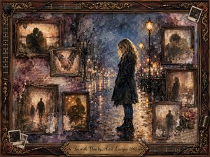 A solitary young woman stands on a rain-slicked city street beneath glowing amber lamps, surrounded by faded framed memories of love and companionship. Cool blues, gray violets, sepia, and dusty rose create a wistful mood. Painterly oil, acrylic, and watercolor textures blend with roses, photographs, musical details, and an ornate vintage frame.