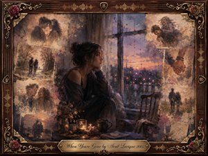 A solitary young woman sits beside a rain-streaked window at dusk, surrounded by softly dissolving memories of love, laughter, and shared walks. Warm amber, rose, and muted violet tones contrast with her shadowed figure. Layered painterly textures, candlelight, flowers, and an ornate rosewood-and-gold musical frame create tender melancholy and nostalgia.