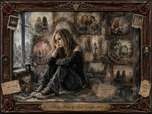 A solitary young woman sits curled beside a rain-streaked window, surrounded by faded photographs and framed memories of friendship, music, and home. Muted browns, charcoal blacks, and weathered golds create a melancholy atmosphere, softened by dim natural light. Painterly textures, roses, tickets, guitars, and worn memorabilia deepen the nostalgic loneliness.